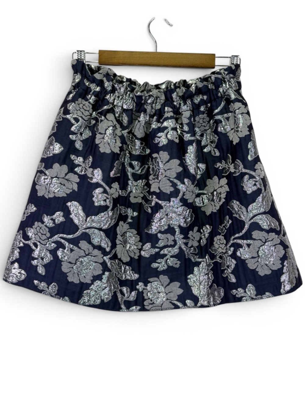 Zara Woman Blue Silver Floral Jacquard Mini Elastic Waist Skirt‎ Size M